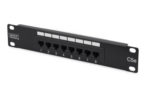 CAT 5e, Class D Patch Panel, unshielded 8-port RJ45, 8P8C, LSA, 1U, 254 mm(10")Rack Mount color black RAL 9005