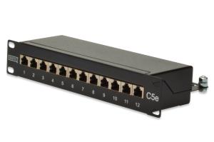 CAT 5e, Class D patch panel, shielded 12-port RJ45, 8P8C, LSA, 1U, 254 mm(10")Rack Mount color black RAL 9005