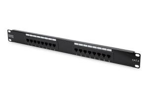 CAT6, Class E patch panel, unshielded 16-port RJ45, 8P8C, LSA, 1U, rack mount, color black RAL 9005