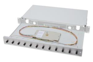 Fiber Optic Sliding Splice Box, 1U, Equipped 12x ST, incl. M 25 Screw, Splice Cassette Color Pigtails OM3, Adapter